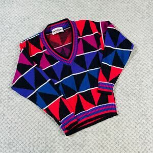 Vintage funky geometric 80s neon acrylic vneck chunky knit sweater kids S